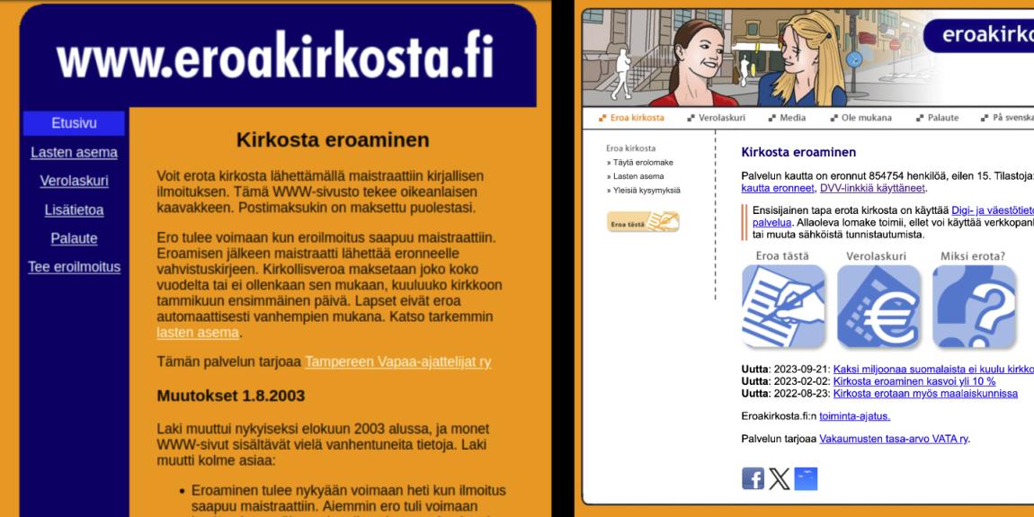 Eroakirkosta.fi eusivu vuonna 2003 ja 2023