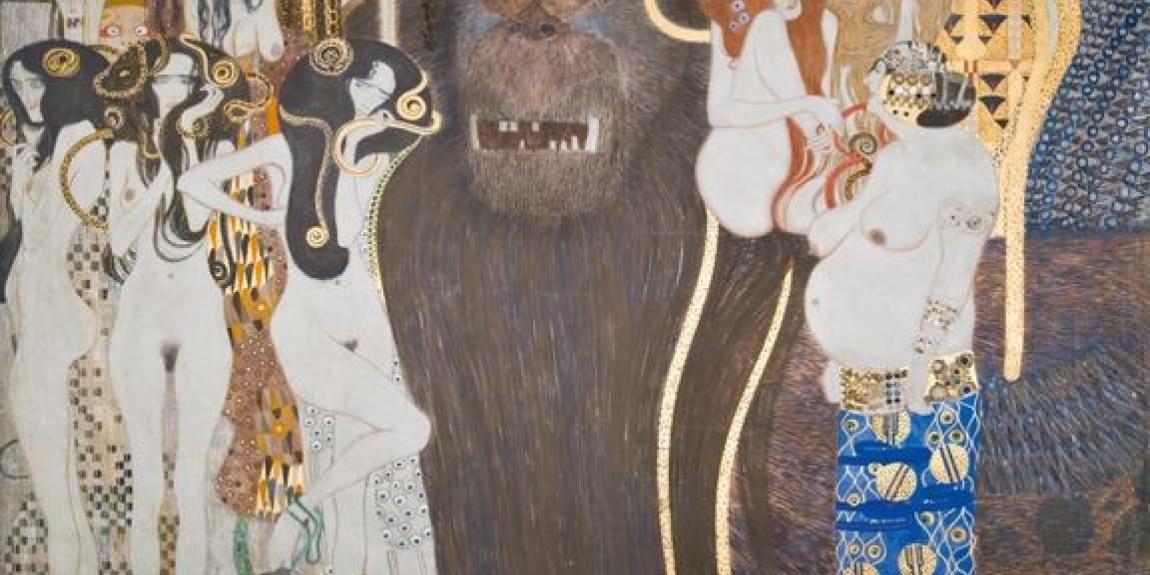 Gustav Klimt: Beethoven-friisi: Vihamieliset voimat - paneeli 1, etuseinä, (1901/1902), Belvedere, Wien. Pysyvästi lainassa Secession-rakennuksessa Wienissä. Kuva: Belvedere, Wien. Näyttelyssä on seinämaalauksista esillä kopiot. 