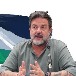 Europarlamentaarikko Manu Pineda Palestiinan lipun edessä.