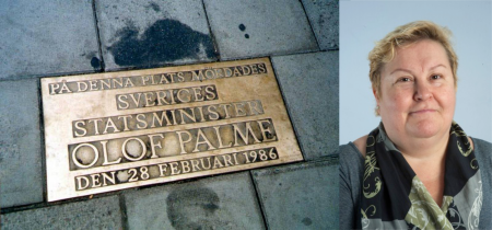 Olof Palme muistolaatta ja Anneli Korhonen
