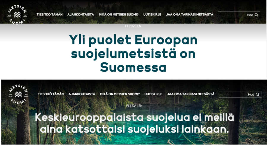 Kuva Metsien Suomi -kampanjan nettisivut