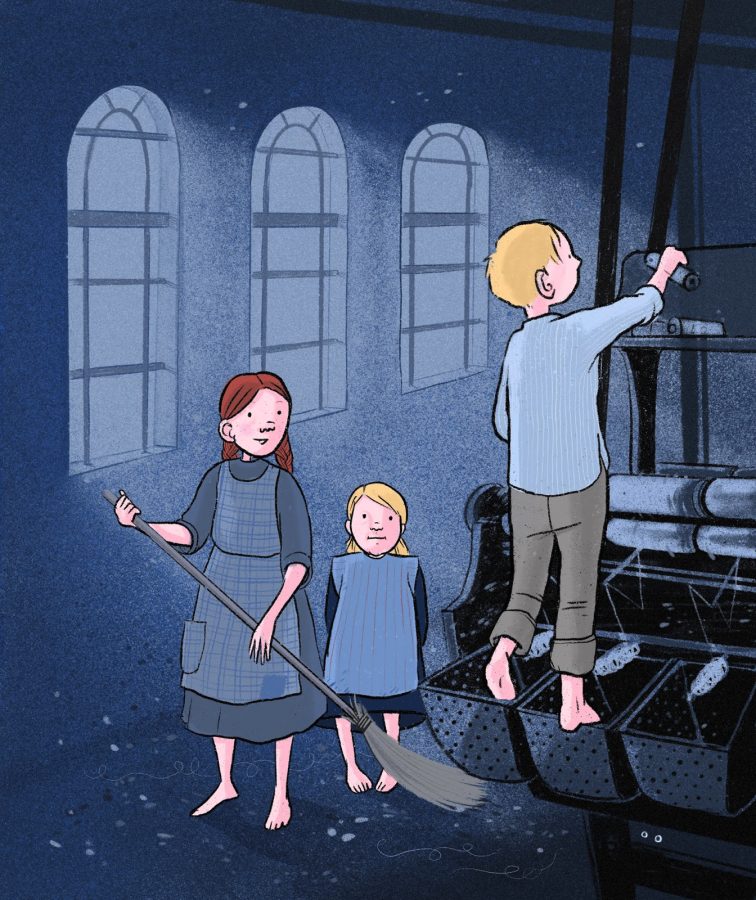 Tehdaskaupungin lapset tehtaalla.