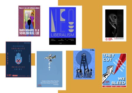 Anti-imperialistisen julistenäyttelyn teoksia.