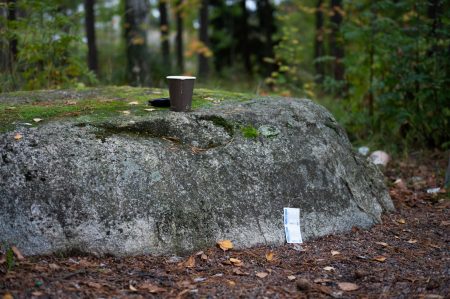 Muovinen kahvimuki kivenpäällä puistossa. Lääkeliuska kiven juurella.
