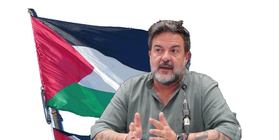Europarlamentaarikko Manu Pineda Palestiinan lipun edessä.