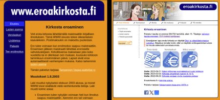 Eroakirkosta.fi eusivu vuonna 2003 ja 2023