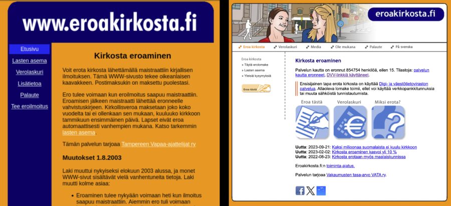 Eroakirkosta.fi eusivu vuonna 2003 ja 2023