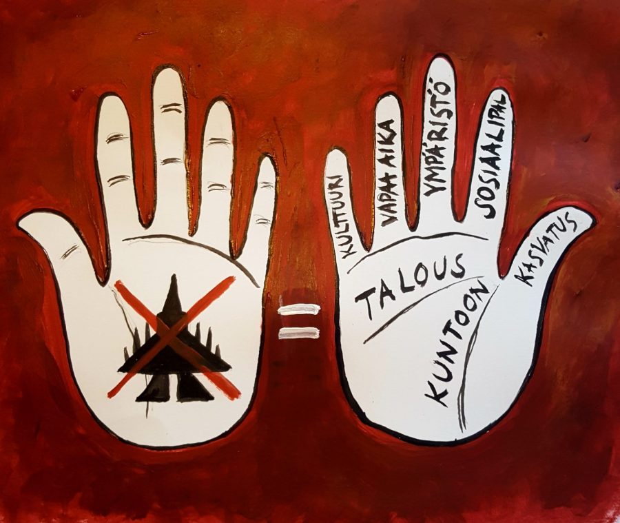 Jos meillä olisi tällaisia ydinaseita Suomen alueella… me oltaisiin varmaan maailman yksi ykkösydinasemaalitauluista. Maalaus ja kuva Elviira Davidow